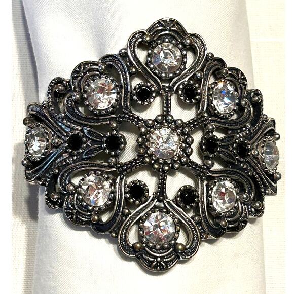 Statement Filigree Bracelet Clear and Black Stones on Silver Tone Hinged Clamper - Picture 1 of 10